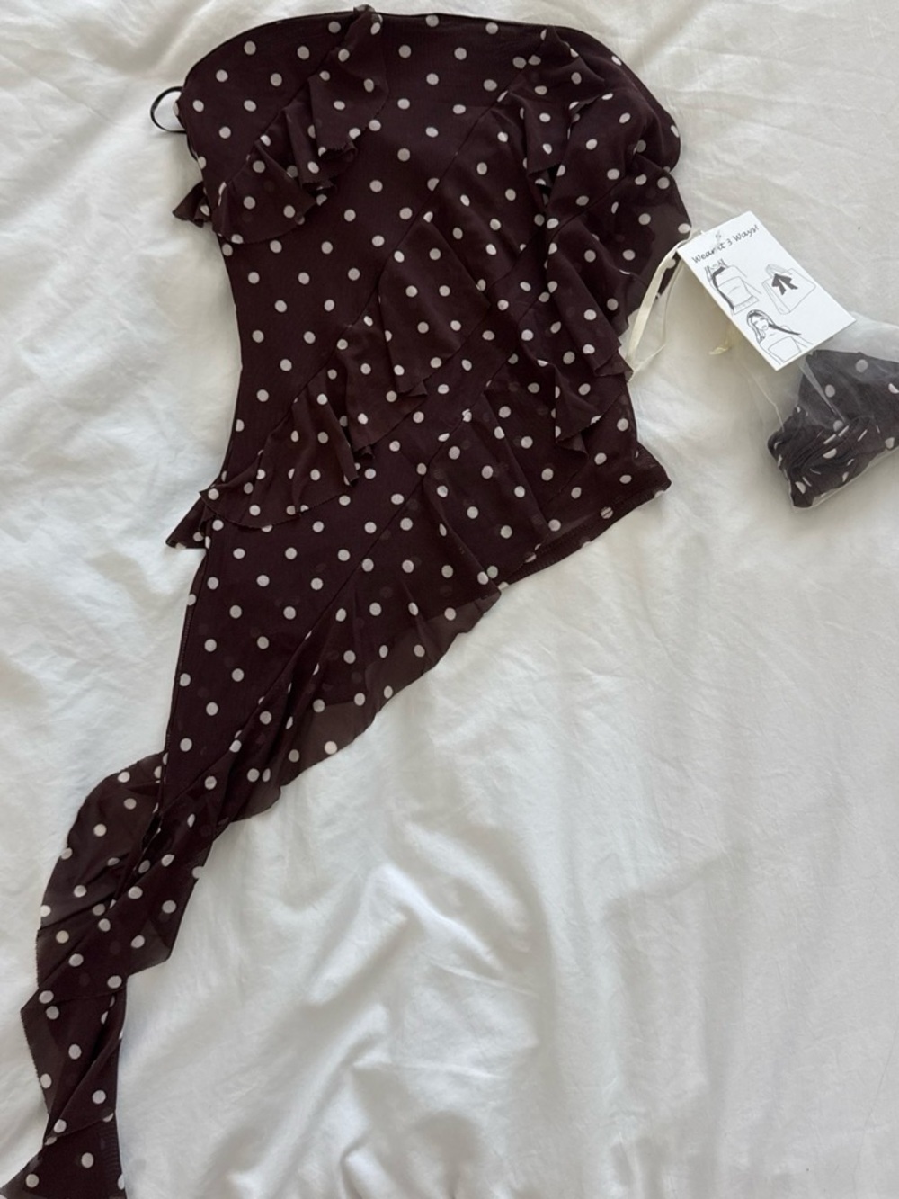 Brown polka dot asymmetrical strapless top